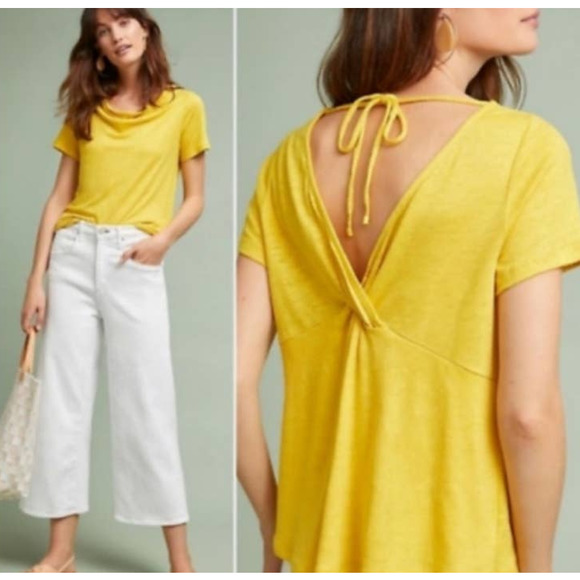 Maeve by Anthropologie Yellow Linen Short Sleeve Knit Top sz S - Picture 1 of 6